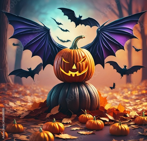 halloween background with pumpkin and bats