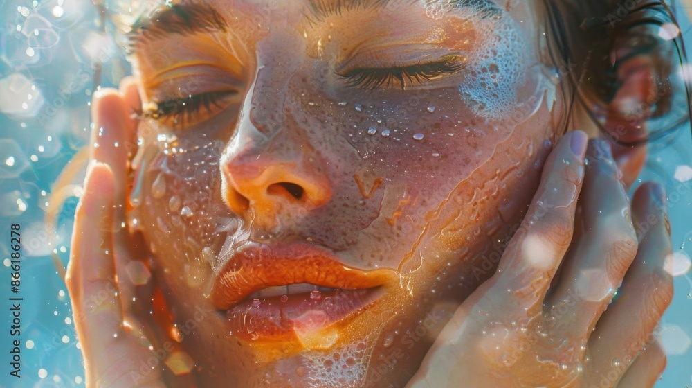 A portrait of a woman applying moisturizer to her face, focusing on skincare and hydration. A portrait of a woman applying moisturizer to her face, focusing on skincare and hydration.