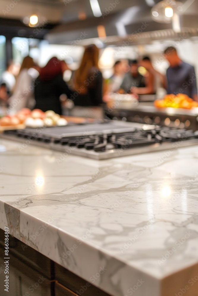 An elegant, marble kitchen island in the foreground with a blurred background of a high-end cooking class. The background features participants learning from a celebrity chef An elegant, marble kitchen island in the foreground with a blurred background of a high-end cooking class. The background features participants learning from a celebrity chef