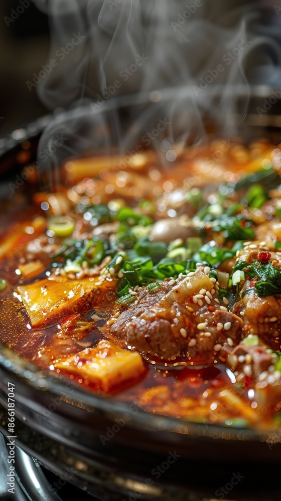 Steaming hot Korean stew with rich flavors of beef, tofu, and vegetables in a vibrant, spicy broth garnished with sesame seeds and green onions. Steaming hot Korean stew with rich flavors of beef, tofu, and vegetables in a vibrant, spicy broth garnished with sesame seeds and green onions.