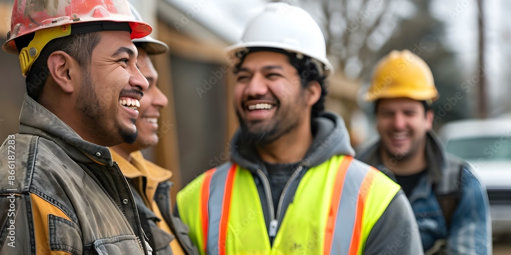 Happy construction crew laughing together at work site. Concept Construction Worker Morale, Team Bonding, Workplace Happiness Happy construction crew laughing together at work site. Concept Construction Worker Morale, Team Bonding, Workplace Happiness