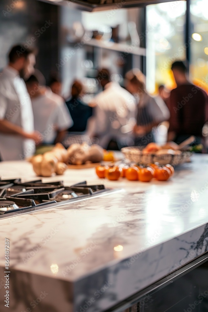 An elegant, marble kitchen island in the foreground with a blurred background of a high-end cooking class. The background features participants learning from a celebrity chef An elegant, marble kitchen island in the foreground with a blurred background of a high-end cooking class. The background features participants learning from a celebrity chef