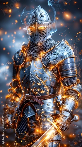 A fantasy portrait of a knight with glowing mist enveloping their armor, eyes shining with determination. List of Art Media by glowing mist Supernatural fantasy twist realistic photo