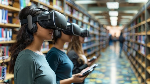 students in a futuristic library, using virtual reality headsets to explore immersive educational content, with sleek shelves and digital interfaces, offering plenty of copy space for text © thekob5123