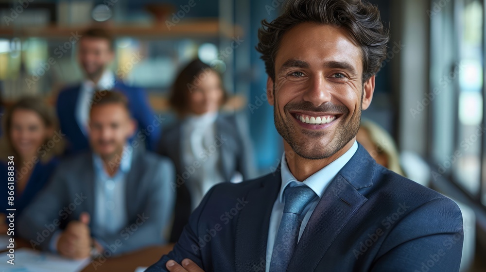 a businessman proudly presenting a successful business plan in a hyperrealistic conference room, his expression confident and happy, with colleagues nodding in agreement, providing clear copy space a businessman proudly presenting a successful business plan in a hyperrealistic conference room, his expression confident and happy, with colleagues nodding in agreement, providing clear copy space