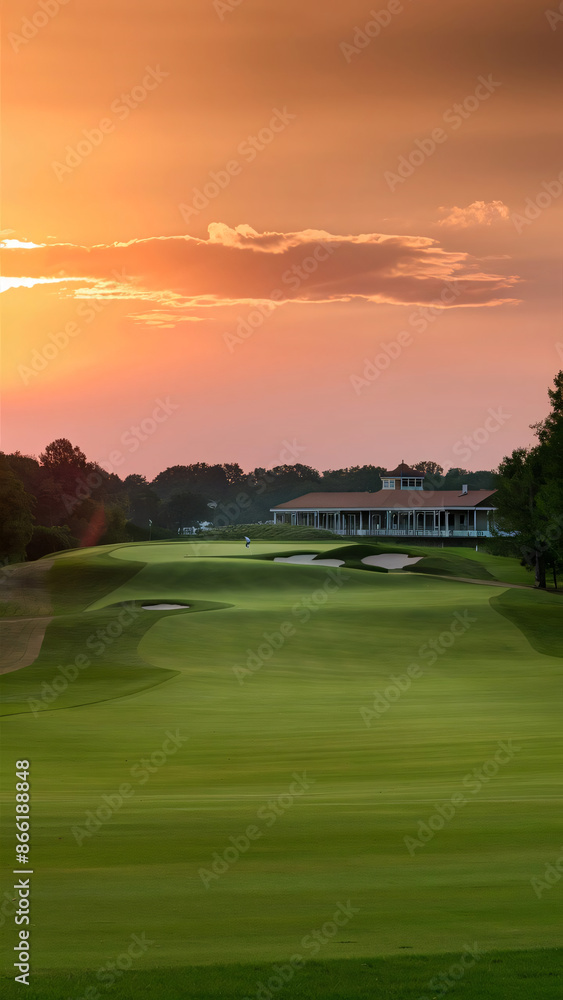 Serene golf course at sunset. Pristine par 5 fairway bathed in golden light. Distant white clubhouse with red roof. Serene golf course at sunset. Pristine par 5 fairway bathed in golden light. Distant white clubhouse with red roof.