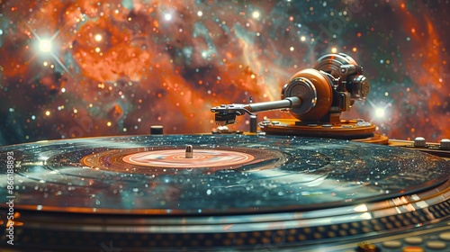 Close-up of a turntable playing a vinyl record with a cosmic background, blending music and outer space in a surreal image.
