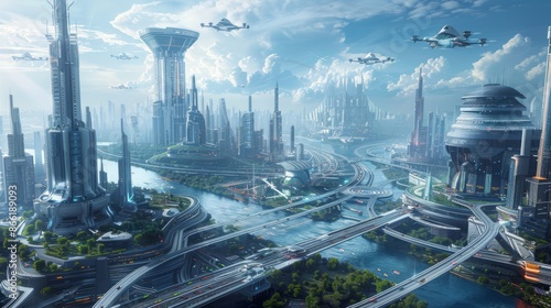 a hyperreal futuristic landscape with advanced transportation systems, flying cars, and sleek buildings, creating a sense of a utopian future, offering ample copy space for text