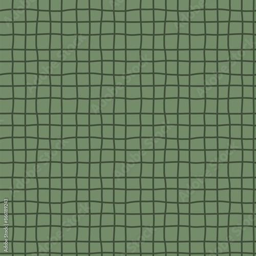 Seamless watercress-green checkered pattern of uneven hand drawn lines.