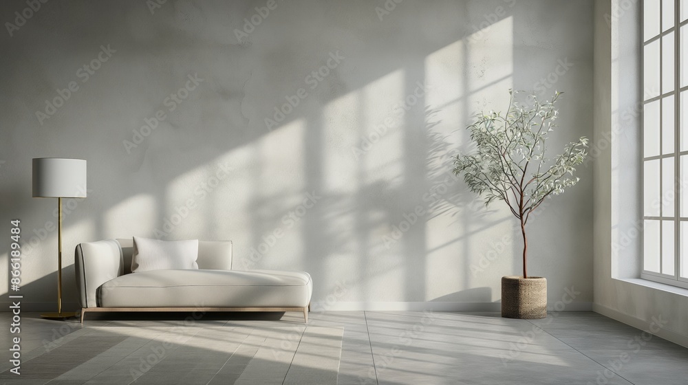 Fototapeta premium Abstract white studio background for product presentation. Empty room with shadows of window. Display product with blurred backdrop. potted plant