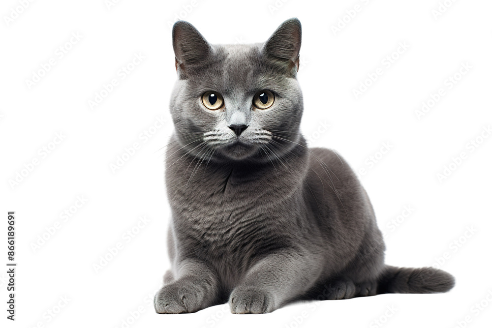 Fototapeta premium Gray British Shorthair cat portrait, cute domestic feline resting pose, fluffy pet animal for veterinary and adoption ads isolated on Transparent Background
