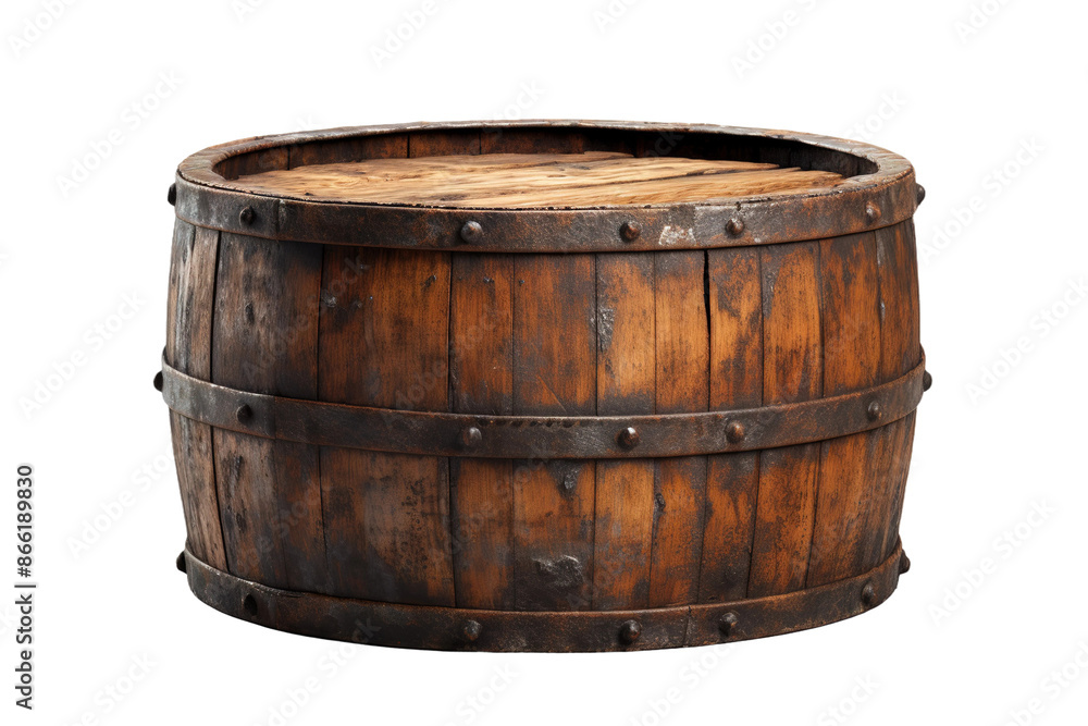 The Mystical Relic: An Ancient Wooden Barrel With Rivets on White or PNG Transparent Background. The Mystical Relic: An Ancient Wooden Barrel With Rivets on White or PNG Transparent Background.