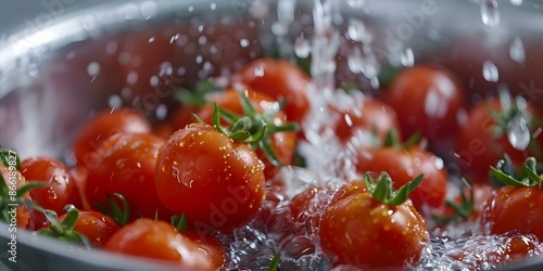 Preparing Fresh Tomatoes for Cooking Rinsing in Water. Concept Rinsing Tomatoes, Fresh Produce, Cooking Preparation, Kitchen Techniques, Culinary Tips photo