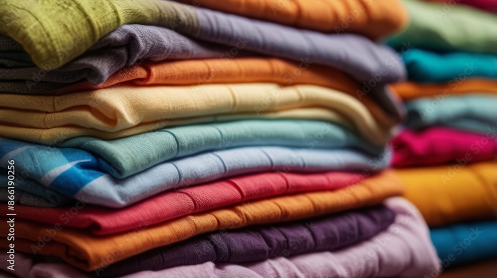 Brightly colored cotton clothes folded and stacked in layers. Brightly colored cotton clothes folded and stacked in layers.