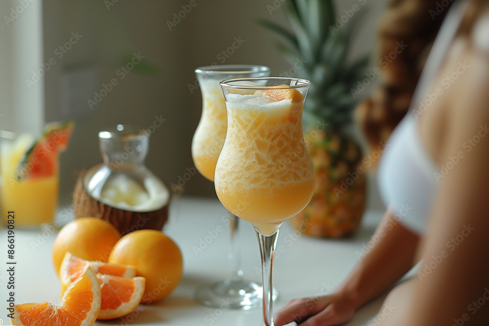 Two refreshing cocktail drinks placed on a white marble countertop. The drinks are creamy white in color and garnished with slices of fresh pineapple on top. Two refreshing cocktail drinks placed on a white marble countertop. The drinks are creamy white in color and garnished with slices of fresh pineapple on top.