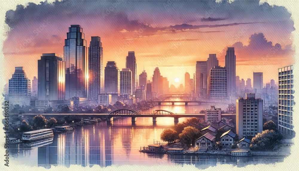 Obraz premium A vibrant cityscape bathed in the warm glow of sunrise. The river reflects the golden light, creating a picturesque scene.