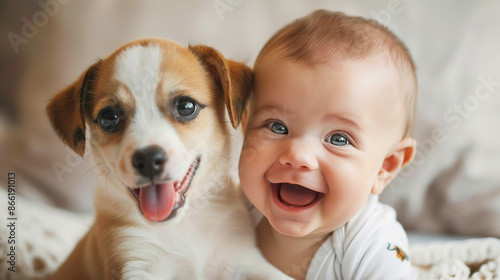 Adorable Baby and dog Smiling Brightly. Heartwarming and Joyful Moments Captured in a Cute and Cheerful Scene. © Li
