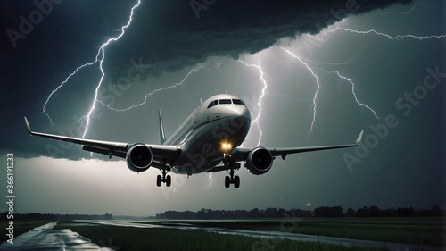 Passenger plane lands in storm and strong lightning. Transportation, extreme weather concept. AI Generative. photo