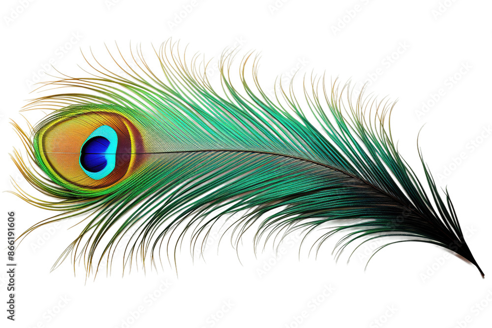 Obraz premium Ethereal Elegance: A Majestic Peacock Feather Unveiled on White or PNG Transparent Background.