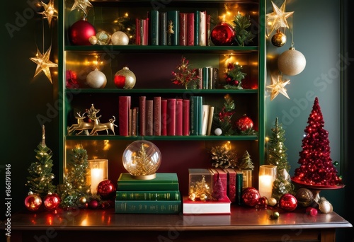 festive christmas bookshelf decor seasonal ornaments holiday books, shelves, decoration, yuletide, knickknacks, xmas, novels, reading, celebration, trinkets, embellishments photo