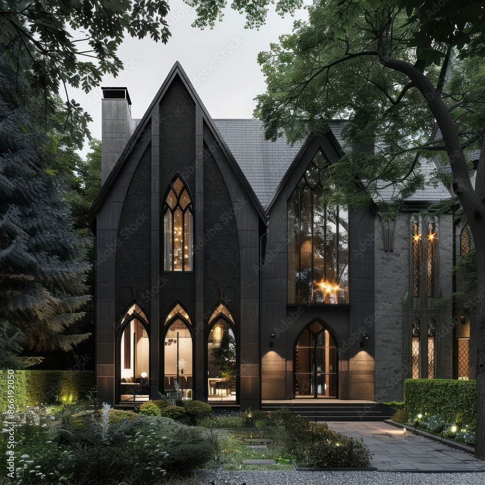 Fototapeta premium Gothic Revival Home with Lush Greenery