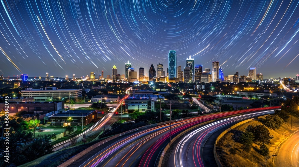 Fototapeta premium Dallas Skyline with Star Trails and City Lights