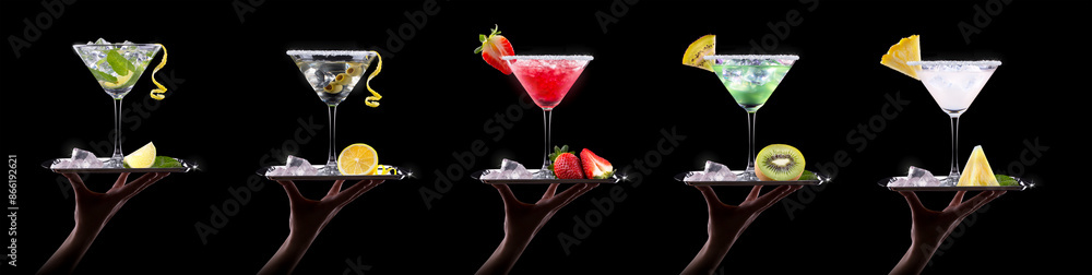 Different alcohol cocktails like beer, martini, soda, champagne, whiskey Different alcohol cocktails like beer, martini, soda, champagne, whiskey