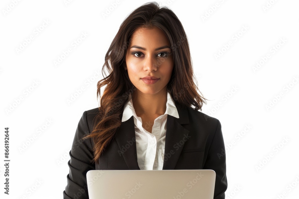 Portrait of a Businesswoman in a Black Suit and White Shirt with a Laptop Portrait of a Businesswoman in a Black Suit and White Shirt with a Laptop