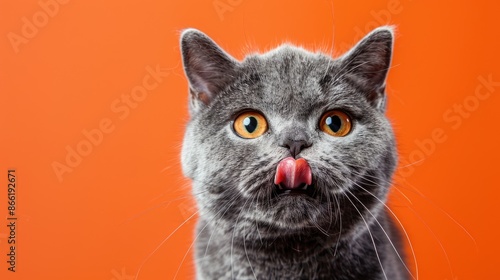 Hungry blue British Shorthair cat licking lips looking at camera on orange background