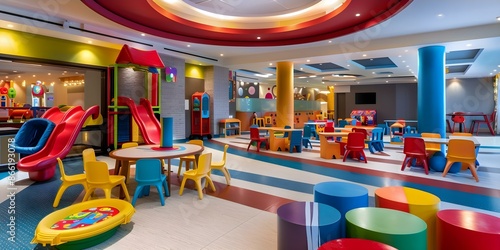 Wallpaper Mural Hotel lobby with vibrant interactive childrens play area filled with games and toys. Concept Hotel lobby, Children's play area, Vibrant design, Interactive games, Toy-filled space Torontodigital.ca