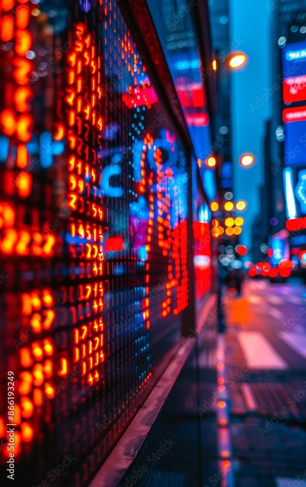 A glowing stock ticker display in a bustling city street at night, showing financial data. The image evokes concepts of finance, technology, and urban life. A glowing stock ticker display in a bustling city street at night, showing financial data. The image evokes concepts of finance, technology, and urban life.