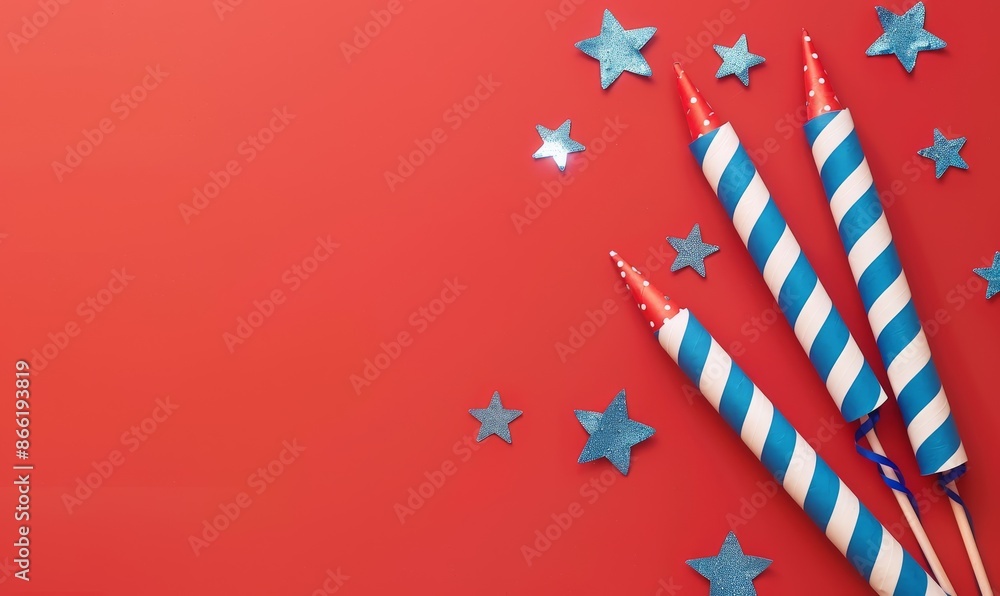 Fototapeta premium Festive blue and white striped firecrackers with stars on red background