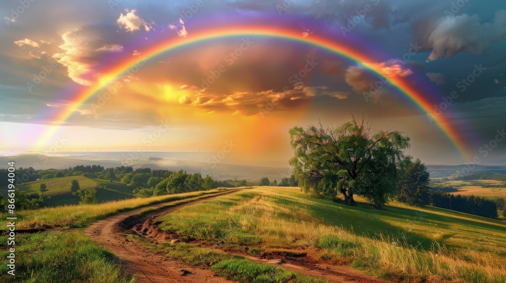 Obraz premium A vibrant rainbow emerging after a summer rain shower, arching over a picturesque countryside landscape.