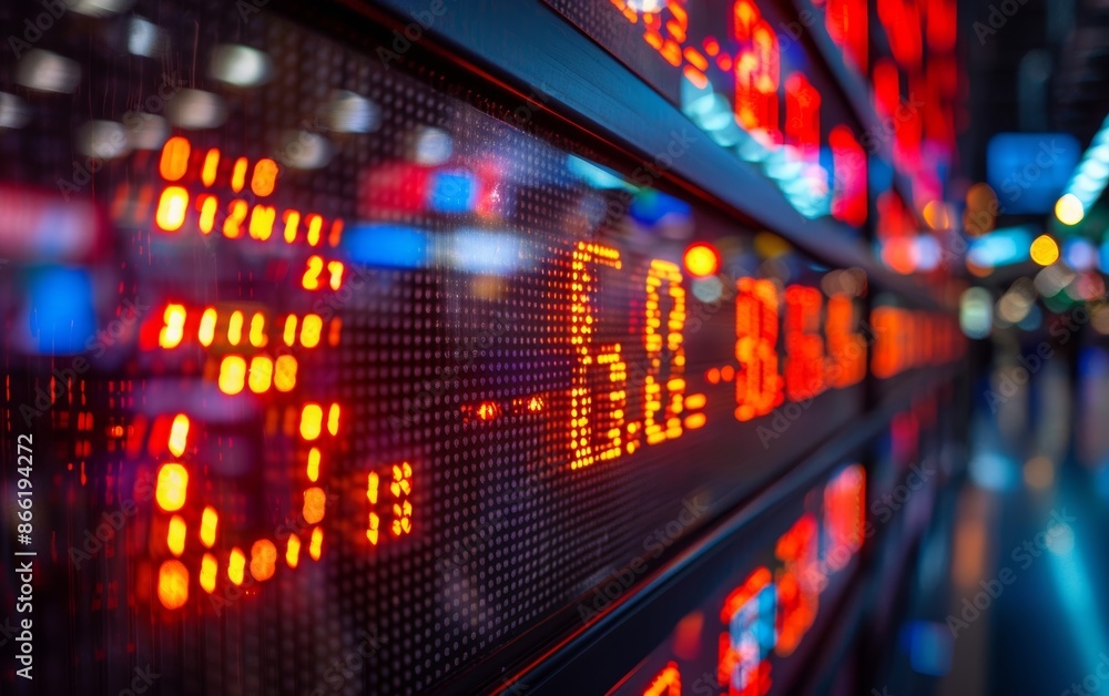 A close-up shot of a digital stock ticker displaying fluctuating numbers and symbols. The red and orange lights illuminate the screen, creating a sense of urgency and dynamism. A close-up shot of a digital stock ticker displaying fluctuating numbers and symbols. The red and orange lights illuminate the screen, creating a sense of urgency and dynamism.