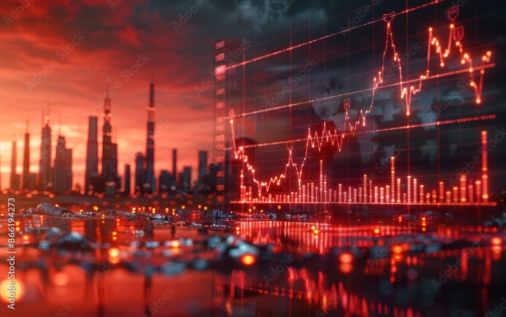 A dramatic cityscape at sunset with a large stock market chart overlayed, depicting a red market downturn. A dramatic cityscape at sunset with a large stock market chart overlayed, depicting a red market downturn.