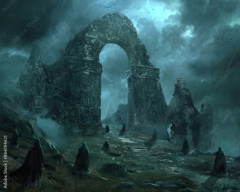 Mysterious, dark landscape featuring ancient ruins and hooded figures under a stormy, ominous sky. Perfect for fantasy, gothic themes. Mysterious, dark landscape featuring ancient ruins and hooded figures under a stormy, ominous sky. Perfect for fantasy, gothic themes.