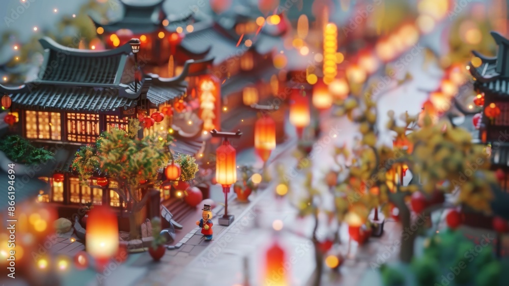 Miniature ancient Chinese town street scene at night illuminated by red lanterns. Concept of Chinese New Year, celebration, architecture, and travel. Miniature ancient Chinese town street scene at night illuminated by red lanterns. Concept of Chinese New Year, celebration, architecture, and travel.