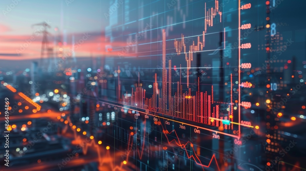 Fototapeta premium A city skyline at night with overlayed financial data and charts.