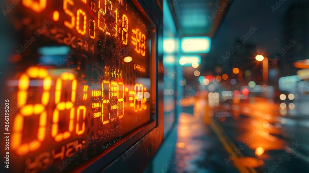 A glowing digital display shows the temperature on a rainy night, with a blurry cityscape in the background. A glowing digital display shows the temperature on a rainy night, with a blurry cityscape in the background.