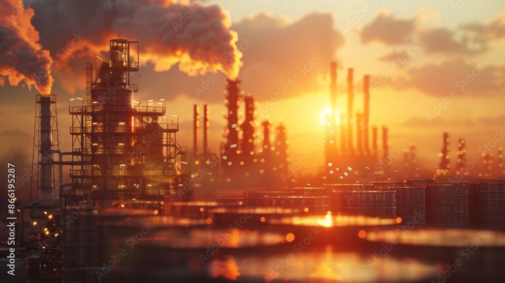 Obraz premium A silhouette of an industrial plant with smoke plumes against a sunset sky. The image evokes themes of industry, pollution, and the environment.