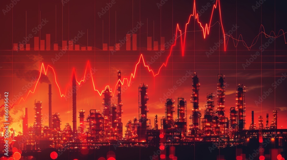 Fototapeta premium Red line graph rising over cityscape silhouette, representing growth and economic prosperity.