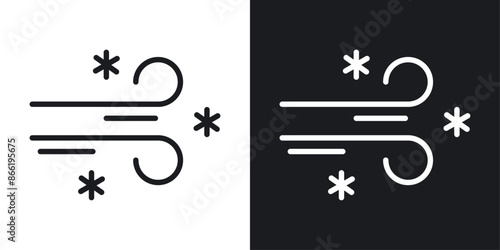 Snow blowing icon set. snowflake cold breeze vector symbol. blowsnow wind sign. blowing snowstorm cold air icon in black filled and outlined style.