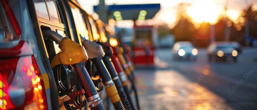 Obraz premium Close-up of gas station fuel pumps during sunset, with cars in the background and a warm glow reflecting off the equipment.