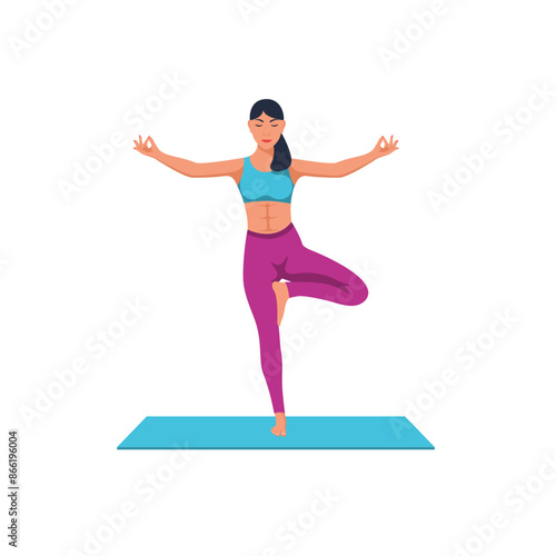 Beautiful young woman yoga instructor doing vrikshasana on a mat. Young girl does yoga. Meditation concept. Relaxation and rest. Healthy lifestyle. Vector illustration flat design.