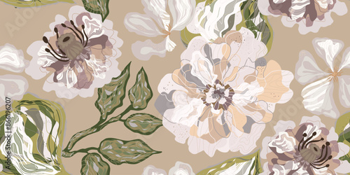 Fantasy stylized blooming floral pattern with peonies flowers, seamless endless vector rapport with overlapping pattern