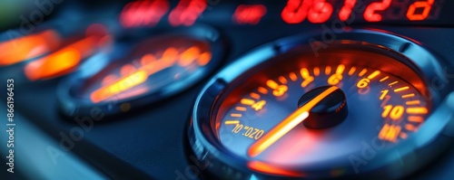 Close-up of a car's speedometer needle approaching the redline. photo