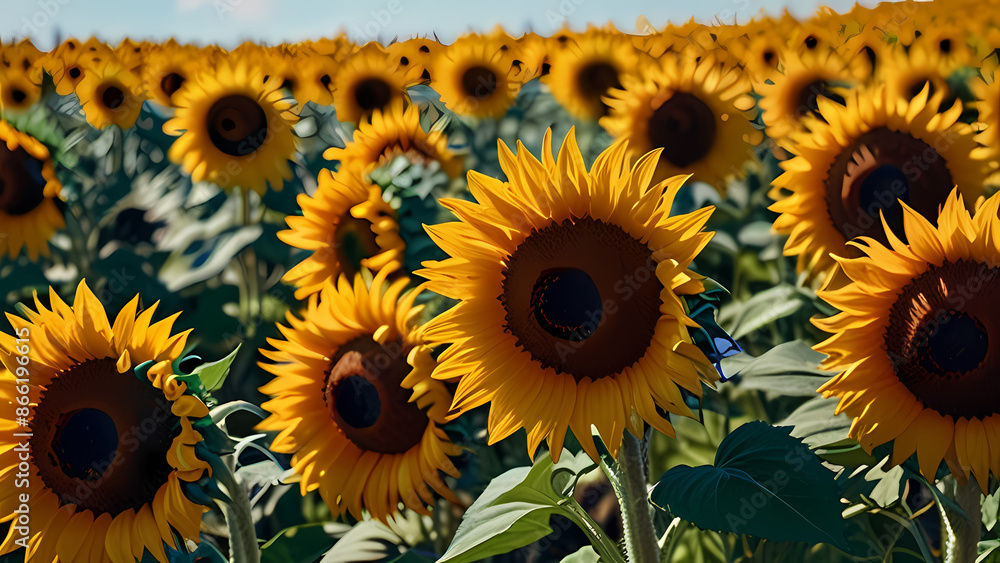 Fototapeta premium field of sunflowers under a bright blue sky, with a gentle breeze rustling the petals