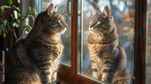 An overweight cat sitting in front of a mirror, seemingly admiring its own reflection.