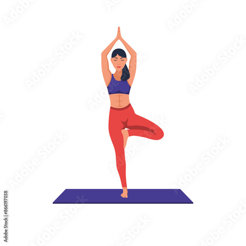 Beautiful young woman yoga instructor doing vrikshasana on a mat. Young girl does yoga. Meditation concept. Relaxation and rest. Healthy lifestyle. Vector illustration flat design.