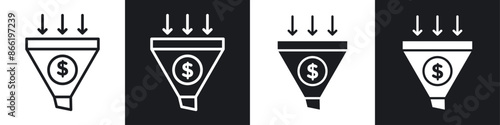 Sales Funnel icon set. conversion marketing funnel vector symbol. filtration sign. lead funnel icon in black filled and outlined style.